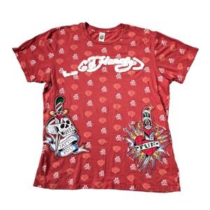Vintage Ed Hardy Shirt Mens XL Red *HOLES READ Red Patchwork Embroidered Y2K